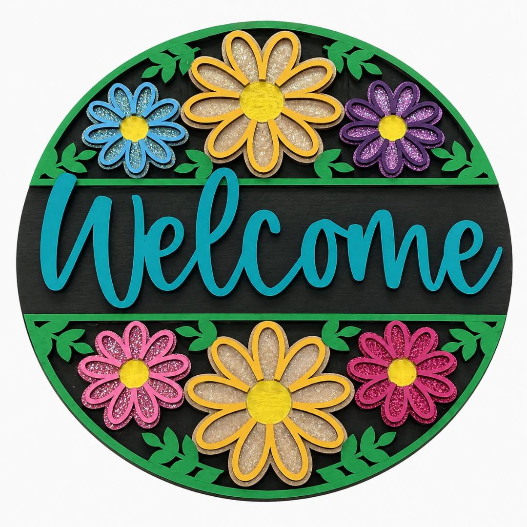 Welcome Flowers Wood Sign